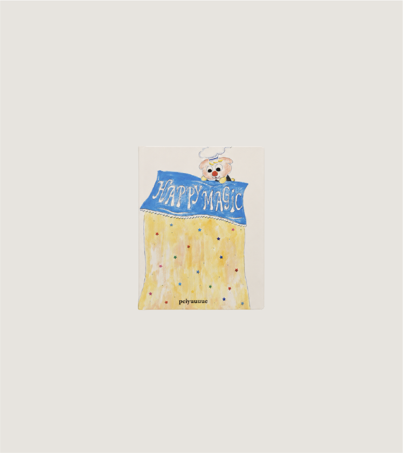 A square art print featuring a whimsical illustration of a cartoon character in a chef hat mixing batter, with the text 'Cooking with Happy' above, shown against a light gray background.